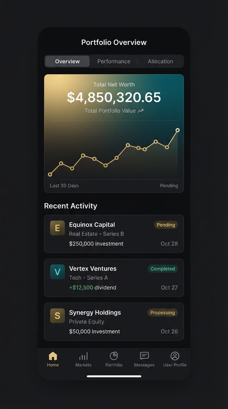 Temporary mobile demo: portfolio overview with net-worth chart, activity list, and bottom navigation.